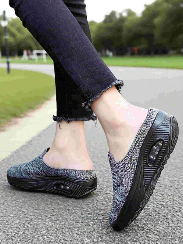 Women Casual Sporty Shoes With Air Cushion Sole For Shock Absorption, Women Thick Soled Sneakers , Knitted Fabric Breathable Shoes For Summer Vacation Platform Shoes