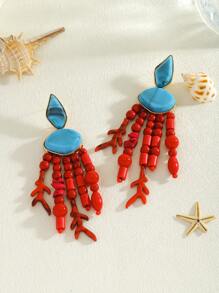 1 Pair Handmade Beaded Bohemian Style Pendant Earrings, Fashion Colorful Resin Coral Drop Earrings Jewelry, Suitable For Women Daily Casual, Party, Holiday, Beach