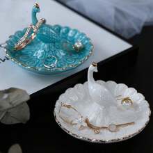 孔雀首饰托盘、情侣戒指架、装饰戒指盘、陶瓷首饰收纳盒、女士化妆托盘收纳盒旅行必备品返校宿舍收纳秋季装饰 - 彩色 - 查看 6