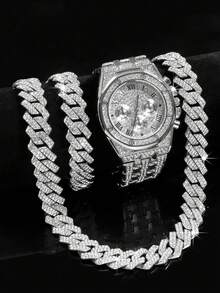 3 件嘻哈珠宝 14 毫米水钻链项链套装，男女款冰石英手表和手链，时尚珠宝套装，适合送礼 - 3016 - 查看 7