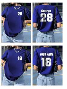 Customized Plus Size Women's T-Shirt, Front And Back Can Print Your Number, Name/Text/Lucky Number, Suitable As Gift For Family, Friends, Such As Mother's Day, Festivals, Graphic Print Summer, Double Sided Custom Shirt - Blue - View 3