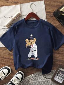 1 pieza Camiseta de béisbol de manga corta con estampado de oso para niño preadolescente, apta para el verano