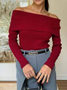 WOMEN'S LONG SLEEVE TAKE IT DOWN BLOUSE - 酒紅色 - 查看 2