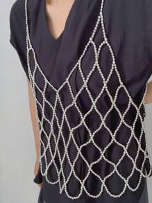 DEKUNER 1pc New Leisure Style Of Simple Faux Pearl Halter Tops Teen Style Cute Beaded Beautifully Cami Vest ,Pearl Bead Body Chain
