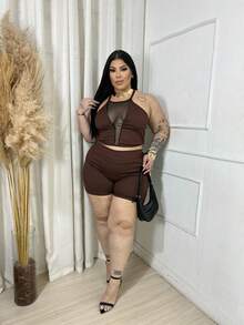 Curvy Plus Size Crop Top + Shorts Set - 鏽棕色 - 查看 3