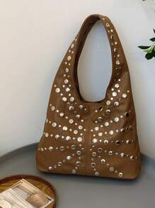 1 Pc Personalized Fashionable Retro Y2K Style Solid Color PU Leather Strap With Full Body Rivet Inlay Design Women's Shoulder Bag For Concerts&Travel&Vacation&Shopping&Gift Giving
