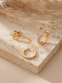 Set de 3 piezas de aretes con estrella y circonita cúbica brillante con cadena, perfectos para uso diario y looks de fiesta para mujeres