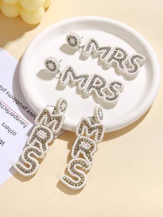 1 Pair Bohemian Style Wedding Bridesmaid Bride MRS Resin Bead Letter Exaggerated Earrings For Women