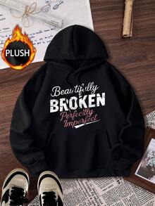 大码女装秋冬趣味复古“字母”图案印花新款连帽卫衣，复古街头百搭通勤连帽卫衣，适合户外休闲，常规小众简约时尚休闲宽松大码连帽卫衣