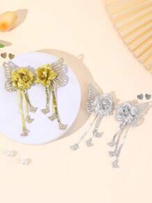 Set de 4 pinzas para el cabello con mariposas de purpurina para niñas, clips de cocodrilo con flores brillantes y purpurina en color plateado/dorado, con mariposas, lentejuelas y borlas, accesorios para el cabello con brillo para fiestas, vacaciones y adolescentes