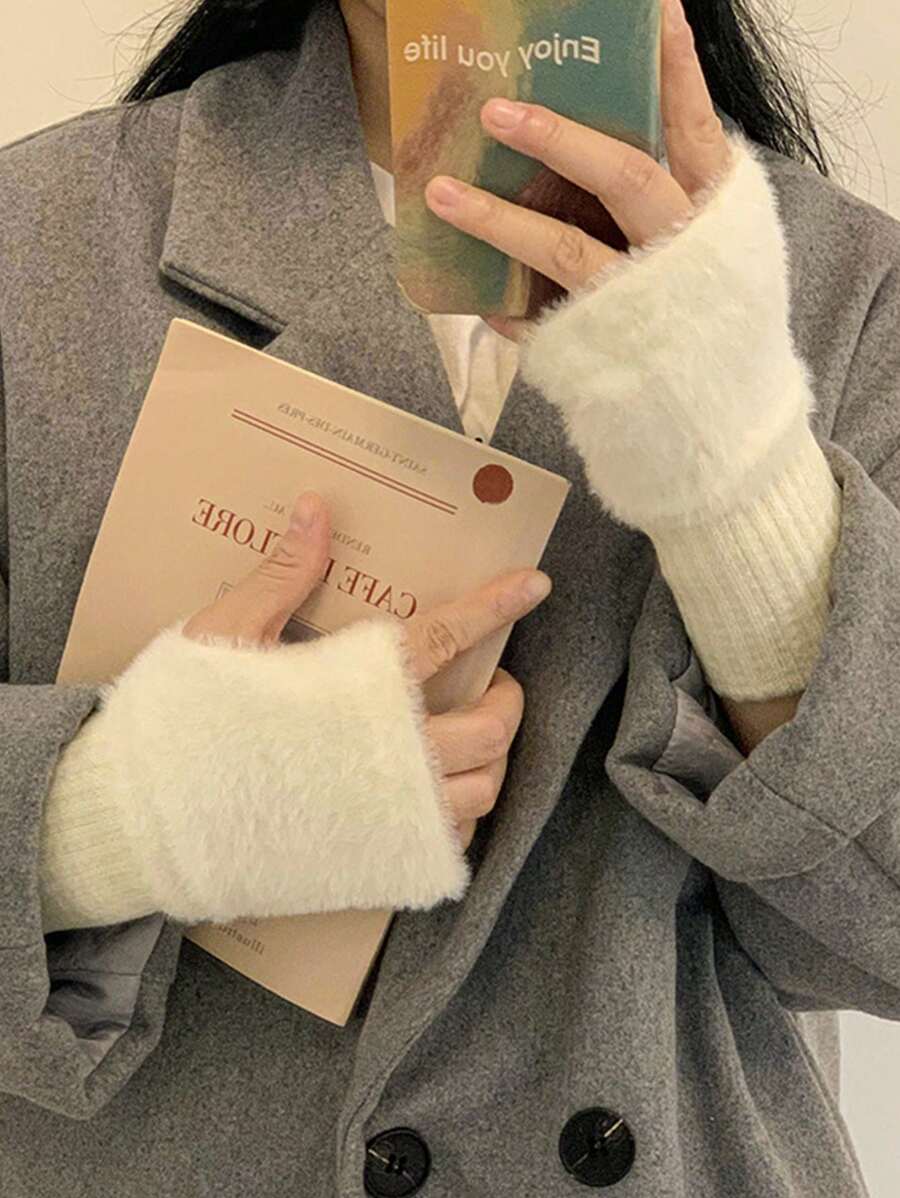 1 Paar einfache Plüsch-Patchwork-Strickhandschuhe, stilvolle, elegante, weiche und warme fingerlose Handschuhe für Herbst und Winter, kältebeständig, mit elastischem Handgelenk