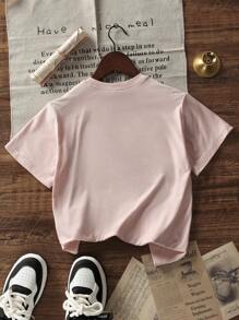 Camiseta de manga corta con cuello redondo y estampado gráfico rosa, Top de verano para niñas y adolescentes estudiantes