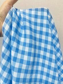 Plus Size Blue & White Plaid A-Line Mini Skirt, Ruffle Trim Detail, Deep V-Neck, Flared Sleeves, Woven Fabric, Pleated Ruffle Hem, Perfect For Picnics - Blue and White Checkered - View 9