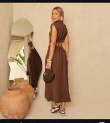 Long Dress With Button In Front Summer Dress Party Wedding Guest Long Dress - Rust Brown - View 2
