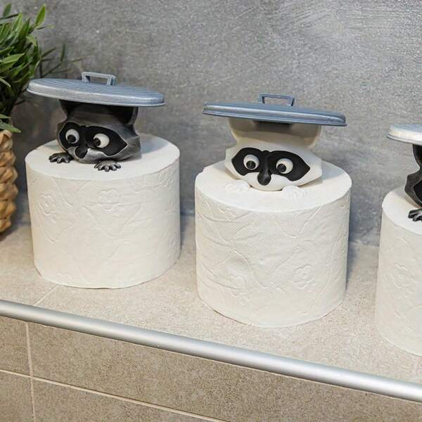 1 stuk schattige 3D-geprinte wasbeer toiletrolhouder - Speelse badkamerdecoratie met deksel, ideaal cadeau voor humorliefhebbers, wit plastic, vrijstaand ontwerp, wasbeer badkamerdecoratie decoratieve ornamenten