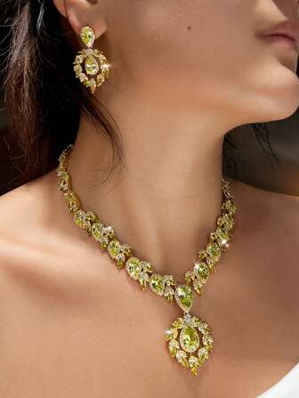 1 Set Unique Design Silver Plated Green Teardrop Cubic Zirconia Pink Leaf Drop Earrings Necklace CZ Crystal Jewelry Set For Women Wedding Engagement Banquet Party Prom Pageant To Brides Girlfriends Wife Christmas New Year Gift