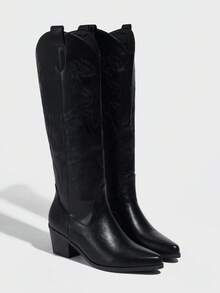 Stivali da donna alti sopra il ginocchio, stile western, ricamati, con punta affusolata e tacco largo, semplici da infilare, sexy, per l'autunno e l'inverno