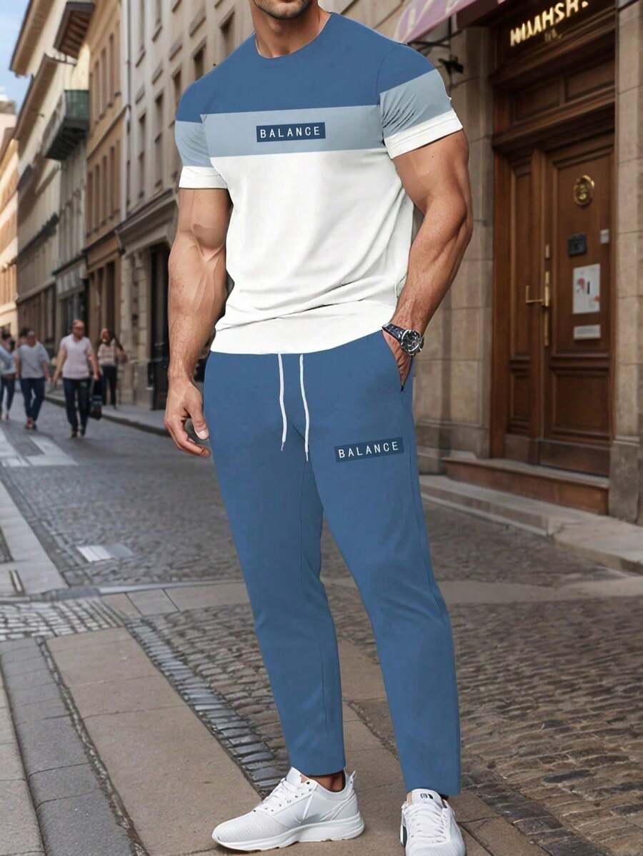 Conjunto de Top de manga corta con cuello redondo cómodo y pantalones con estampado de color contrastante para hombre - Multicolor - Ver 1