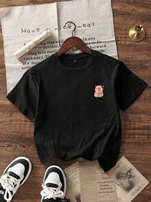 Girls & Teenagers School Student Casual Printed Black Crew Neck Short Sleeve T-Shirt, Summer Top - Black - View 4