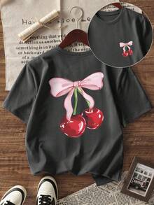 Bộ gồm áo thun và váy ngắn tay cổ tròn in hình nơ anh đào cho bé gái, lý tưởng cho học sinh và các bé gái tuổi teen vào mùa hè. - Màu xám đen - Xem 3