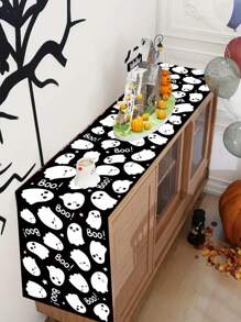 1 pieza Camino de mesa de poliéster con diseño blanco y negro de fantasma lindo de 35*180cm, con el texto "¡Buu!" Adecuado para fiestas de Halloween, decoración de temas de terror, restaurantes, cocinas o reuniones en el hogar, artículos para fiestas