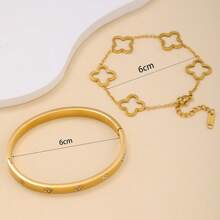 2pcs Stainless Steel Oxidized Zirconia Flower Jewelry Bracelet Set, 18K Gold Plated Stainless Steel Lucky 4-Leaf Clover Bracelet, Micro-Inlaid Zirconia, Suitable For Women Party, Daily Wear, European & American Style, Personalized, Generous, Wedding Jewelry Set, Gift For Girls, Women, Relatives, Friends, Elegant Wedding, Birthday, Valentine's Day, Mother, Mother's Day