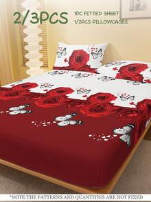 2/3 Pcs Printed Fitted Sheet Set, Bedding, Bed Sheet Set, Soft And Comfortable Bedding, Room Decor, Skin-Friendly Bed Cover Set For All Season, Mattress Protector For Bedroom, Fits For Twin Full King Queen Size Bed, 1 Fitted Sheet And 2 Pillowcases, Machine Washable, Fathers Day Decor, Birthday Decorations, Grad Party Decor, Fathers Day Gift, Graduation Gifts, Birthday Gifts - Bướm hồng - Xem 2