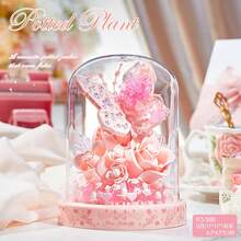 Elegant Fashionable Pink Butterfly Series Handmade Assembly Building Blocks Furniture Decor Set, Music Box Blooming Butterfly + Flower Cover, Suitable For Valentine's Day, Mother's Day, Birthday Gifts And Fashionable Lady's Desk Decorations