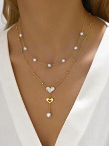 1pc Stainless Steel Double Heart Pendant Pearl Necklace, Women Sexy French Tassels Multi-Layer Choker Accessory, Suitable For Special Occasions, Gift