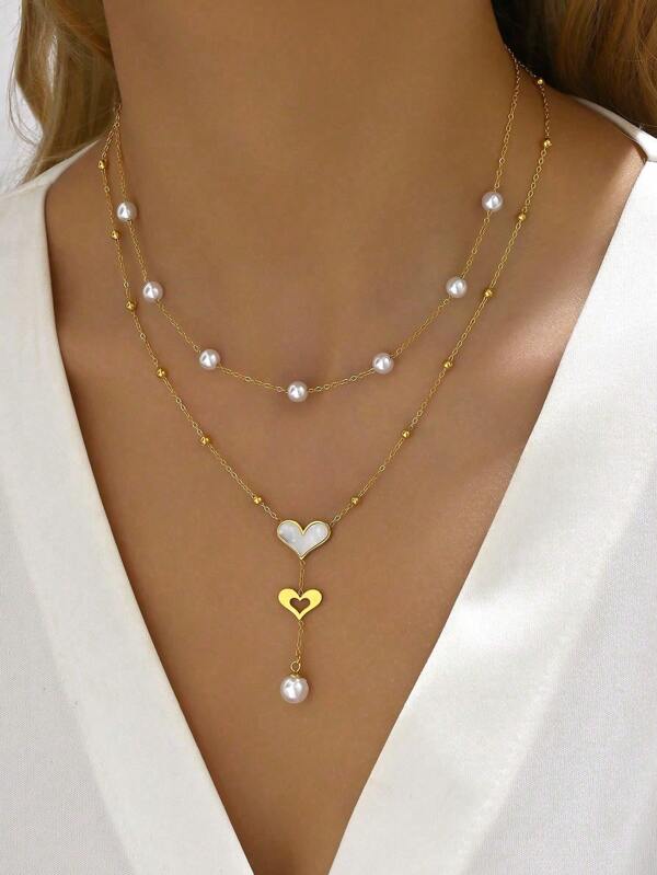 1pc Stainless Steel Double Heart Pendant Pearl Necklace, Women Sexy French Tassels Multi-Layer Choker Accessory, Suitable For Special Occasions, Gift