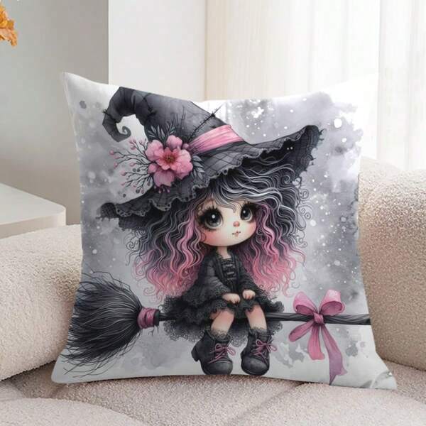 1PC Halloween Themed Pillowcase. The Cute Witch Pink Bow Pattern Creates A Festive Atmosphere And Decorates The Pillowcase. Suitable For Decorating Sofas, Beds, Cars And Other Scenes, Suitable For Year-Round Use, Can Enhance Home Aesthetics. (Excluding Pillow Core)