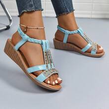 Simia Rhinestone Roman Sandals Summer New Korean Fashion Peep Toe Slip-On Wedge Casual Large Size Wave - Da Vàng - Xem 6