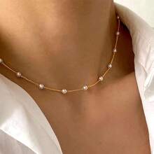 Dainty Pearl Choker Necklace With Thin Chain For Women - Satellite Pearl-gold - View 4