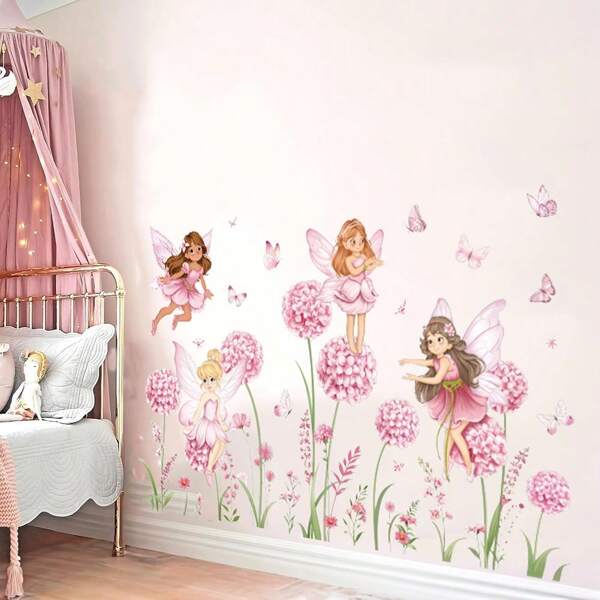 1Set Cartoon Flower Magical Fairy Dandelion Wall Stickers, Squirrel Floral Butterfly Wall Decals,For Bedroom Living Room,Home Decor