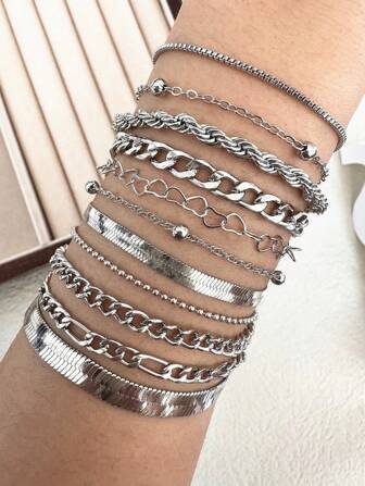 4 pièces/10 pièces/11 pièces/Set Bracelets chaîne dorés et argentés exagérés, cadeaux pour femmes