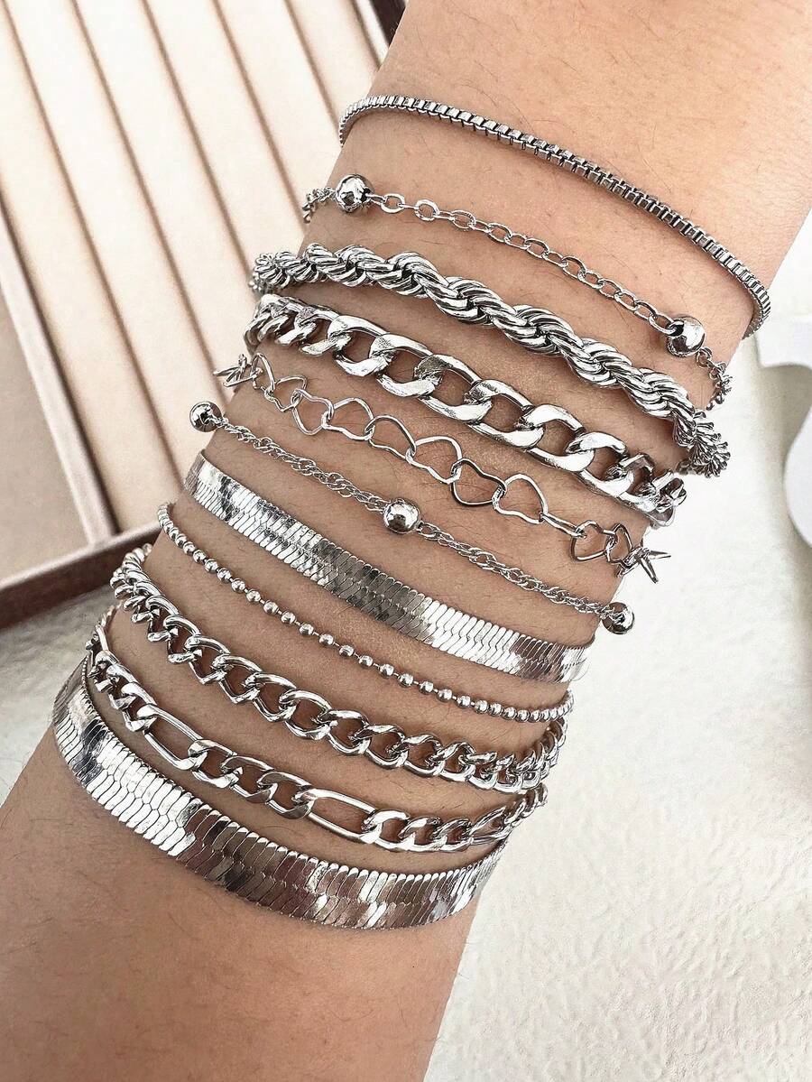 Bộ 4/10/11 chiếc/Bộ vòng tay xích vàng và bạc phóng đại, Quà tặng cho phụ nữ - Bạc - Xem 1