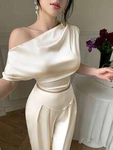 abyoxi 女士纯色缎面优雅单肩露背系带上衣和阔腿裤两件套时尚通勤晚宴晚礼服套装 - 杏色 - 查看 7