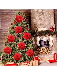 Conjunto de 10 flores artificiais de 20 cm para decoração de árvore de Natal, flores de poinsétia de veludo simuladas, ideais para decorar galhos de árvores de Natal, perfeitas para decoração de casa, quarto, casamentos, festas de fim de ano, mesas de Natal e para montar sua própria árvore e guirlanda natalina. Não requer pilhas. | Decoração de Natal e Ano Novo