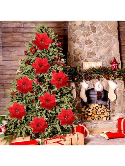 Conjunto de 10 flores artificiais de 20 cm para decoração de árvore de Natal, flores de poinsétia de veludo simuladas, ideais para decorar galhos de árvores de Natal, perfeitas para decoração de casa, quarto, casamentos, festas de fim de ano, mesas de Natal e para montar sua própria árvore e guirlanda natalina. Não requer pilhas. | Decoração de Natal, Ano Novo e Inverno