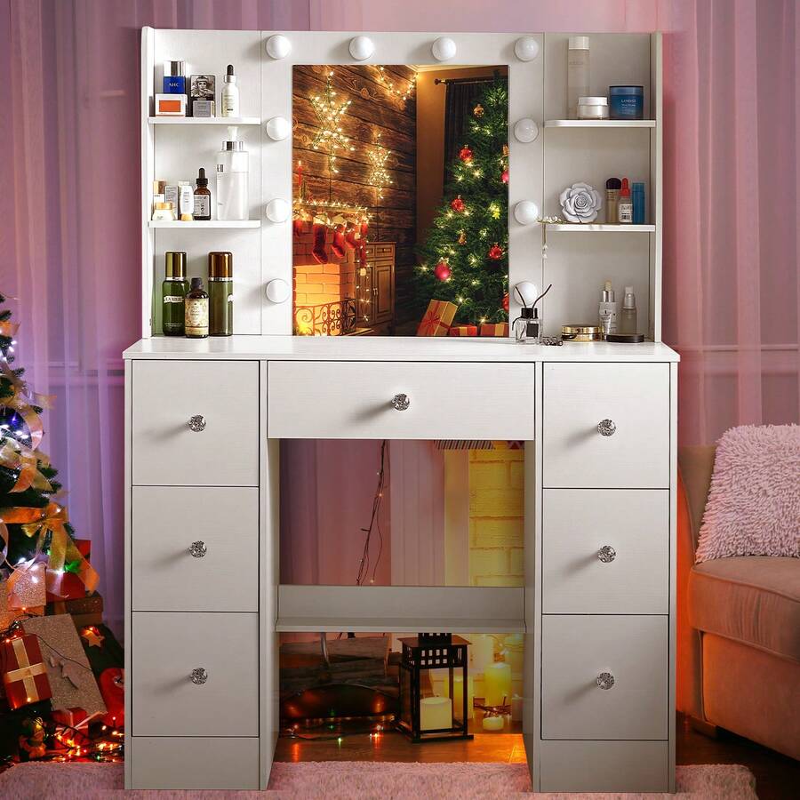 7-Drawers Dressing Table With LED Lighted Makeup Mirror Wood Vanity Dresser Desk - White - View 1