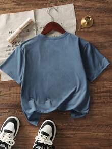 Boys Casual Printed Grey Blue Round Neck Short Sleeve T-Shirt, Summer Tops For Teens & Students - Dusty Blue - View 3