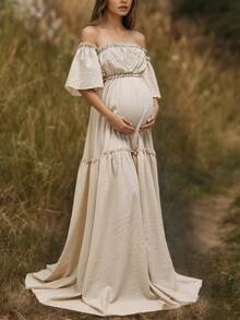 Maternity Solid Color Ruffle Off-Shoulder Photoshoot Dress - Apricot - View 4