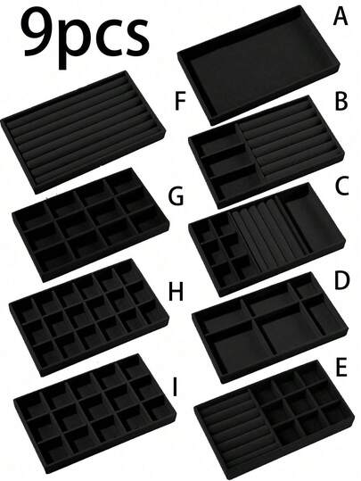 9/1 Pc, Black Velvet Jewelry Tray, Large Capacity Jewelry Storage Box With Separate Compartments, Stackable Jewelry Display Stand, Can Place Earrings, Necklaces, Bracelets, Rings, Hairpins, Hair Bands, Etc. Valentine's Day Velvet Jewelry Tray