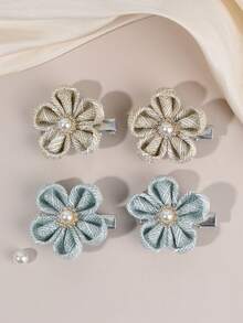 4 件女孩蓝绿色织物发夹，花朵仿珍珠配饰鳄鱼夹发夹，青少年女孩时尚配饰姐妹派对礼物 - 彩色 - 查看 1