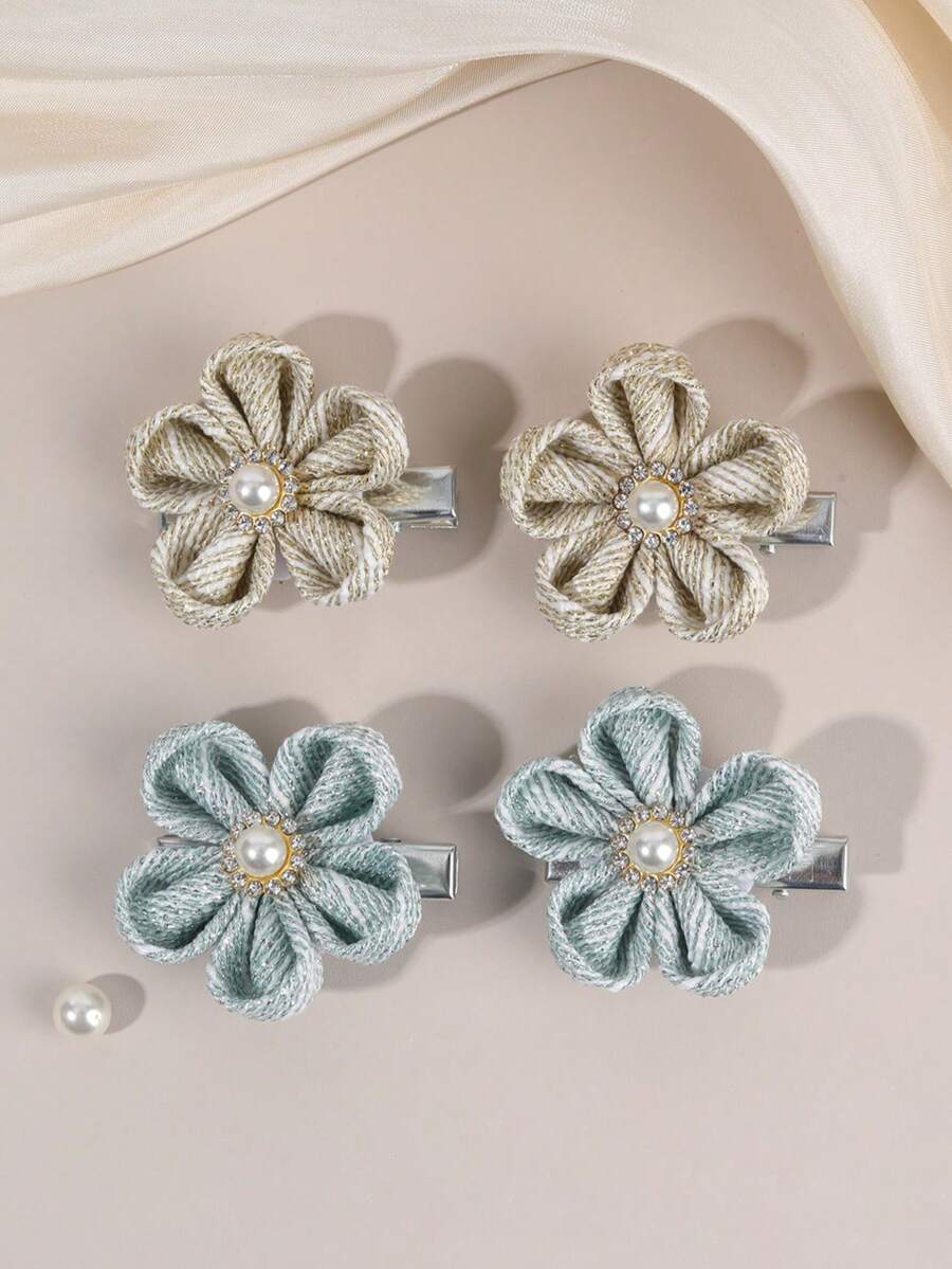 4 件女孩蓝绿色织物发夹，花朵仿珍珠配饰鳄鱼夹发夹，青少年女孩时尚配饰姐妹派对礼物 - 彩色 - 查看 1