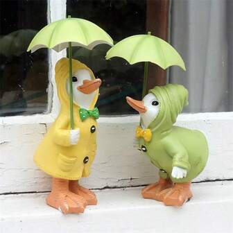 1pc Resin Umbrella Duck Statue, Cartoon Art Craft Decor For Garden, Pond, Outdoor Landscape, Vintage Style Collectible Souvenir, Home Office Decoration