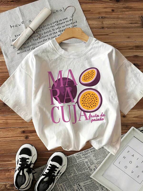 Women's Casual Round Neck T-Shirt With Vibrant Passion Fruit Floral Print - "Maracuja" Design, Suitable For Spring, Summer, Autumn, Casual Outdoor Wear, Daily T-Shirt, Playful Printed T-Shirt, Comfortable Fit
