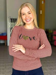 Fleece Blouse With Cuffs And Love Print, Warm Winter - 棕色 - 查看 2