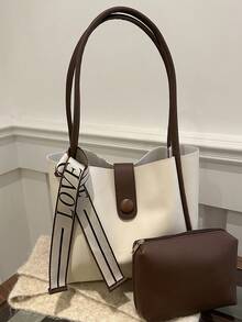 2 قطعة حقيبة كبيرة السعة لسيدات الستخدام اليومي ، حقيبة كورية عصرية للكتف ، حقيبة رفيعة الجودة ، حقيبة كتف من البولي يوريثان مع حقيبة داخلية