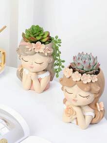 Cute Head Planter Resin Succulent Little Girl Flower Pot, Human Face Cactus Plants Container Bonsai Holder Thumb Fairy Figurine Statue With Drainage Decor Gift (Blue & Green) - Multicolor - View 6